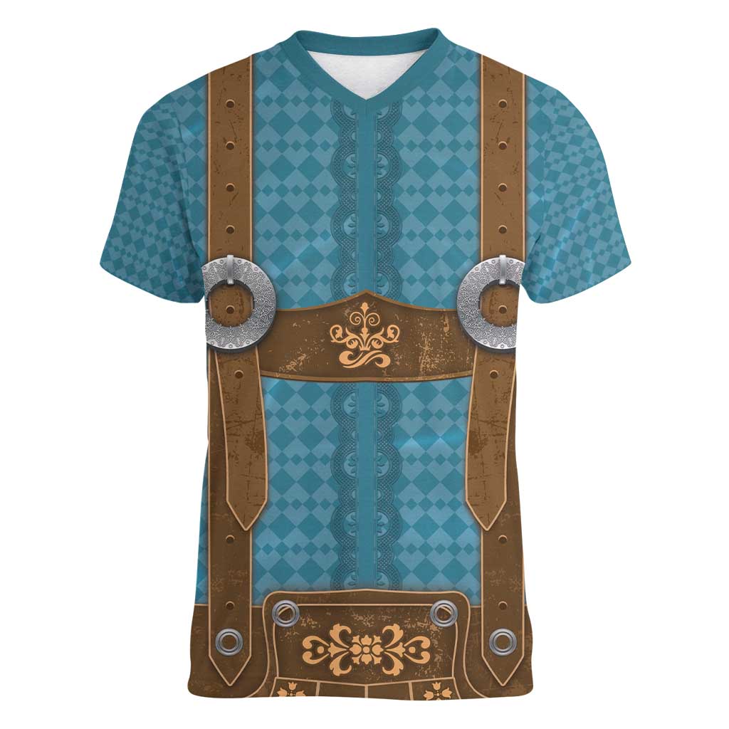 Oktoberfest Women V-Neck T-Shirt Lederhosen Retro Style - Wonder Print Shop