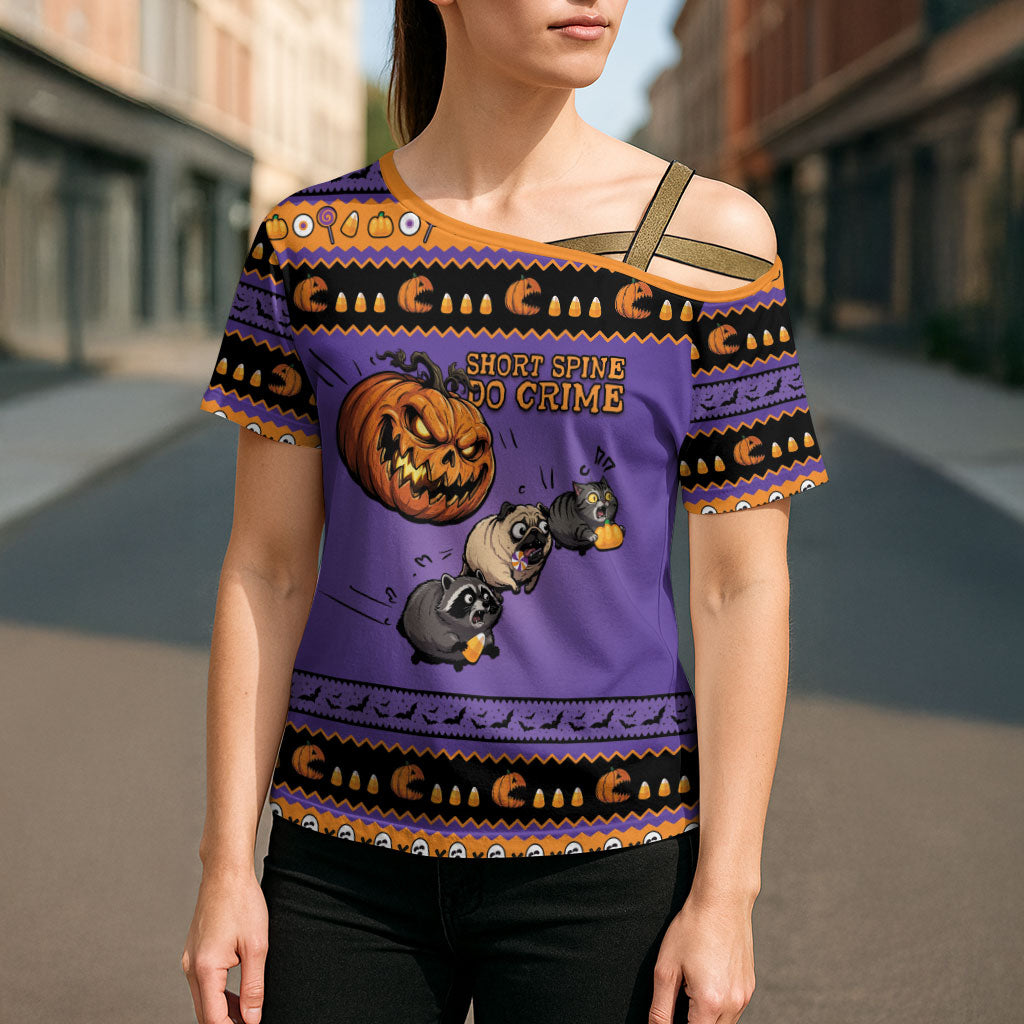 Halloween Animal Funny Cross Shoulder Shirt Short Spine Do Crime Spooky Pumpkin Chase