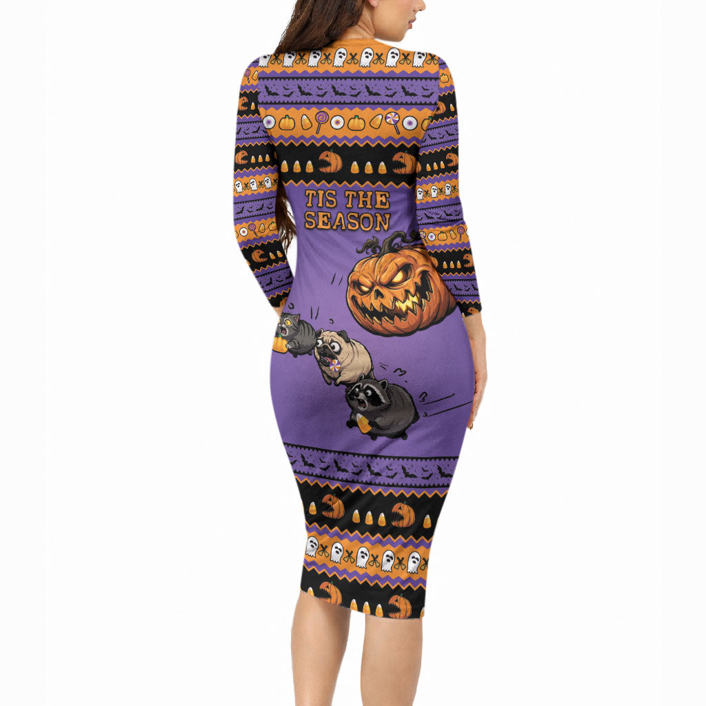 Halloween Animal Funny Long Sleeve Bodycon Dress Short Spine Do Crime Spooky Pumpkin Chase