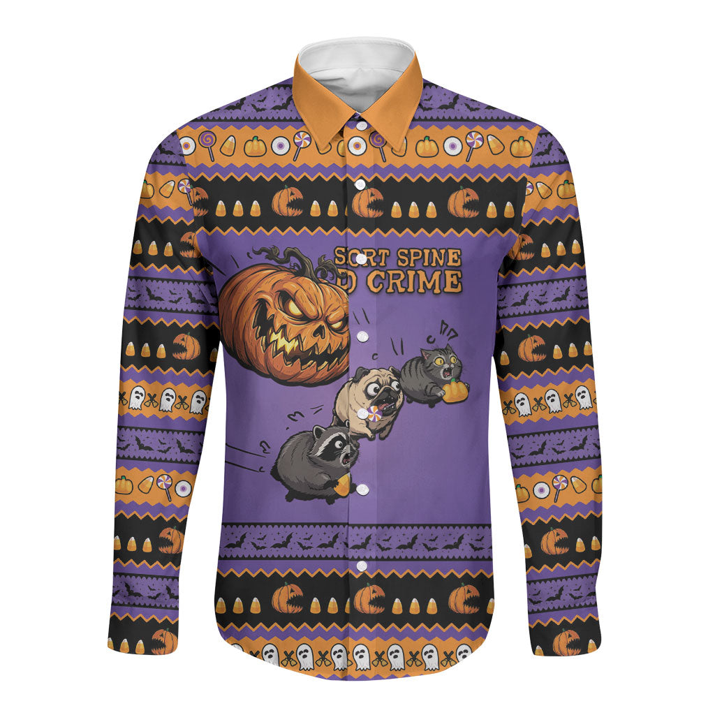 Halloween Animal Funny Long Sleeve Button Shirt Short Spine Do Crime Spooky Pumpkin Chase