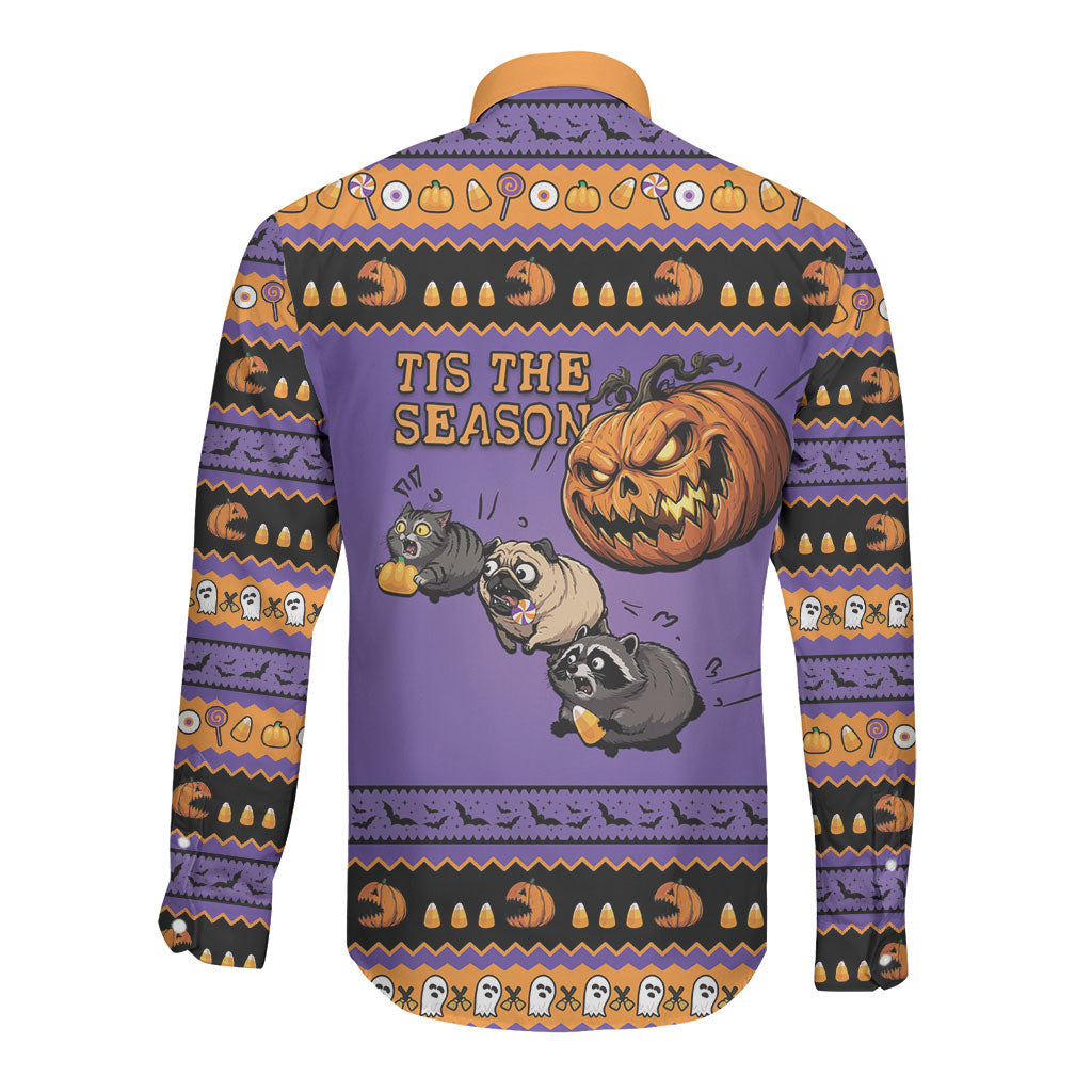 Halloween Animal Funny Long Sleeve Button Shirt Short Spine Do Crime Spooky Pumpkin Chase