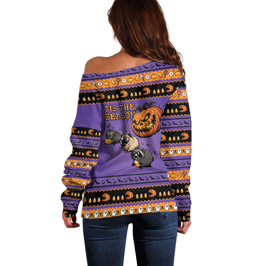 Halloween Animal Funny Off Shoulder Sweater Short Spine Do Crime Spooky Pumpkin Chase