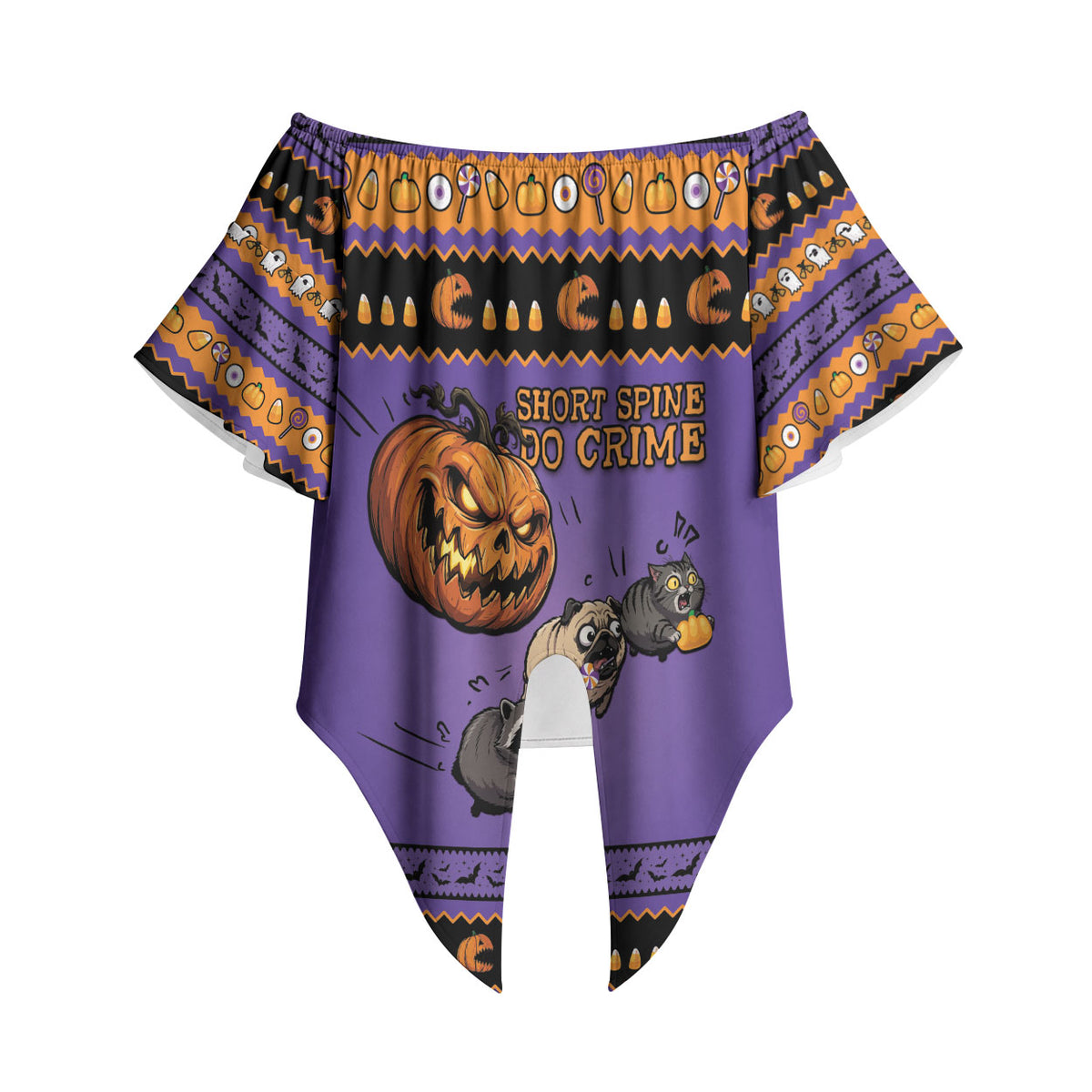 Halloween Animal Funny Off Shoulder Wrap Waist Top Short Spine Do Crime Spooky Pumpkin Chase
