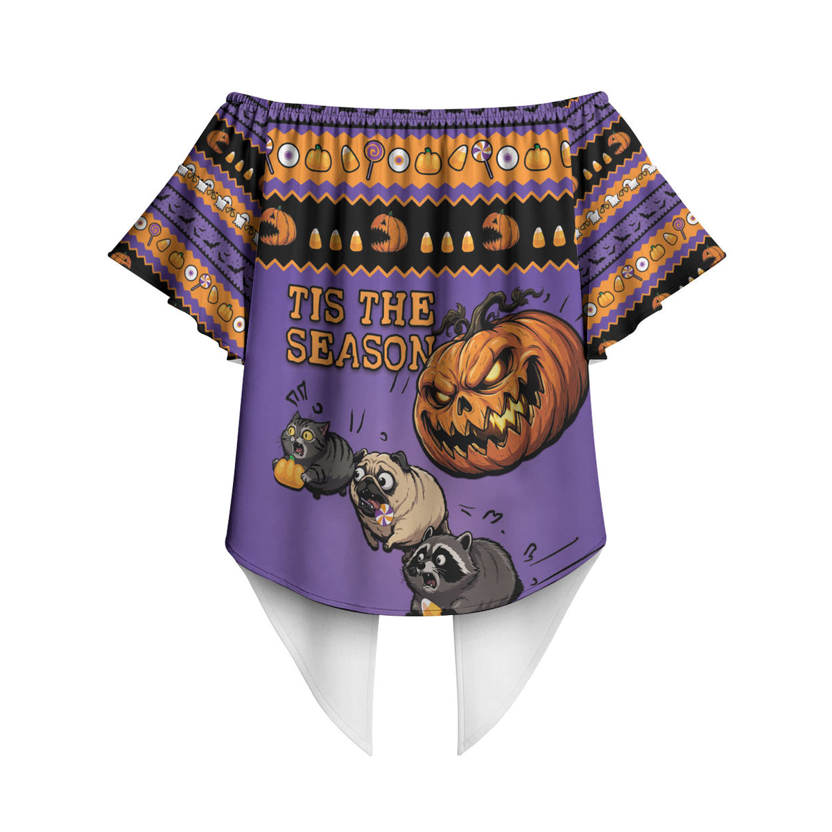 Halloween Animal Funny Off Shoulder Wrap Waist Top Short Spine Do Crime Spooky Pumpkin Chase