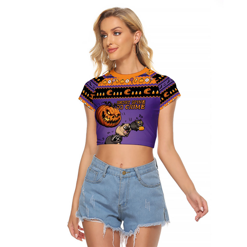 Halloween Animal Funny Raglan Cropped T Shirt Short Spine Do Crime Spooky Pumpkin Chase