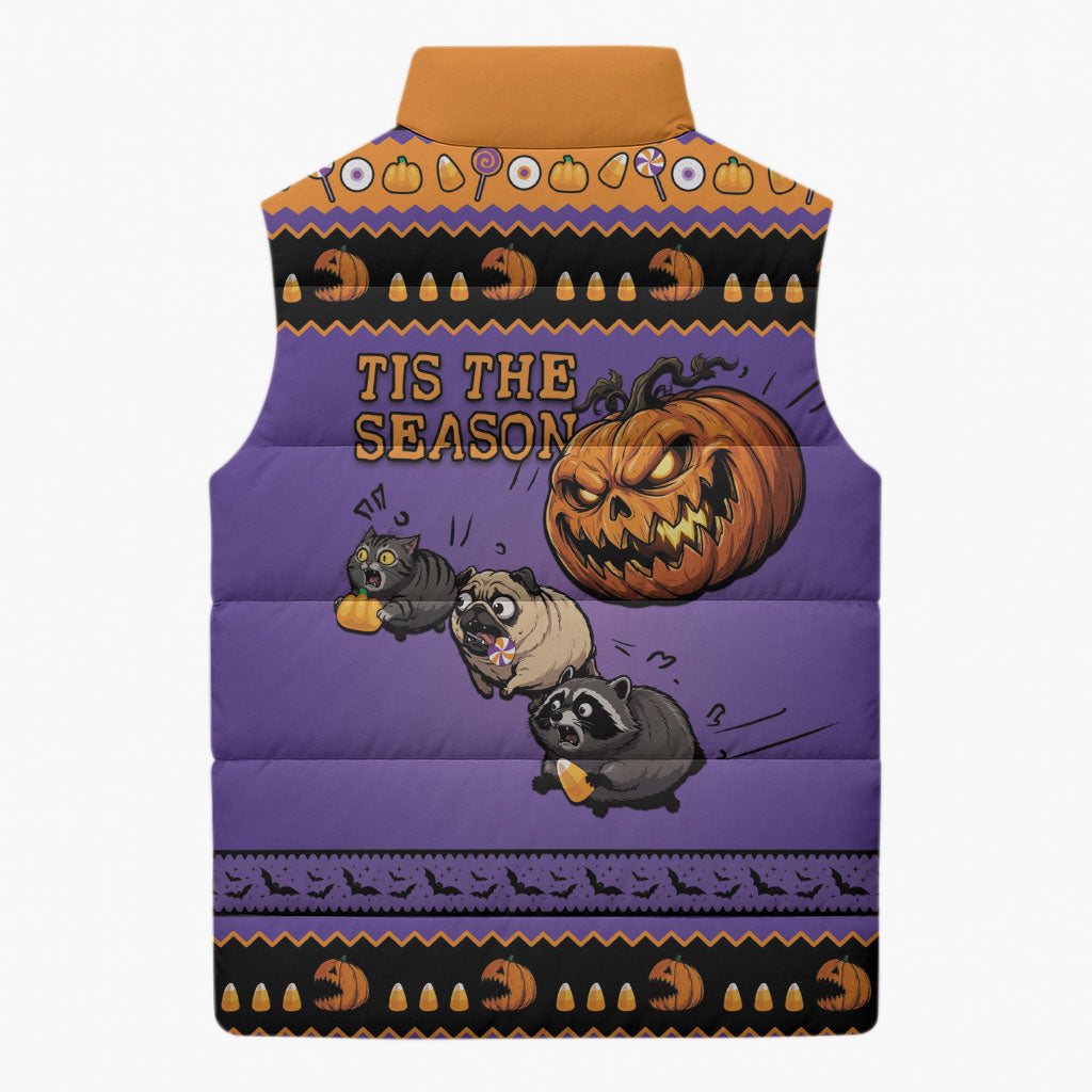 Halloween Animal Funny Sleeveless Puffer Jacket Short Spine Do Crime Spooky Pumpkin Chase