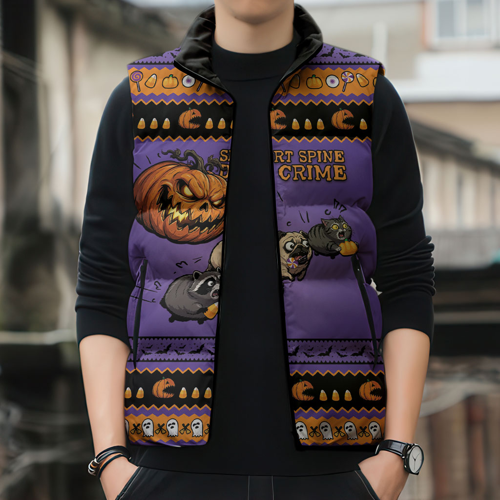 Halloween Animal Funny Sleeveless Puffer Jacket Short Spine Do Crime Spooky Pumpkin Chase