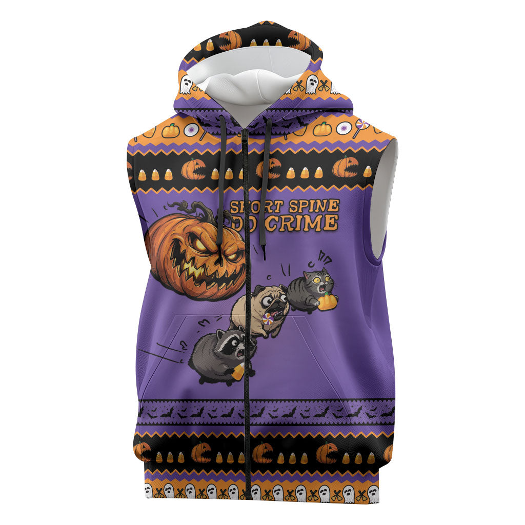 Halloween Animal Funny Sleeveless Zip Hoodie Short Spine Do Crime Spooky Pumpkin Chase