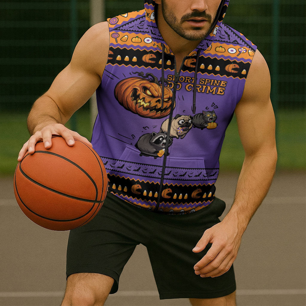 Halloween Animal Funny Sleeveless Zip Hoodie Short Spine Do Crime Spooky Pumpkin Chase