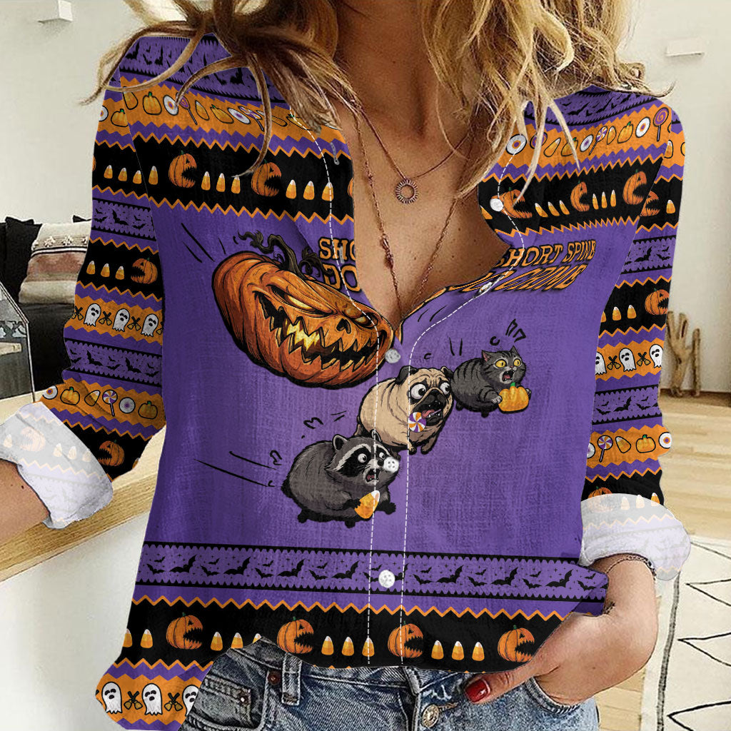 Halloween Animal Funny Women Casual Shirt Short Spine Do Crime Spooky Pumpkin Chase