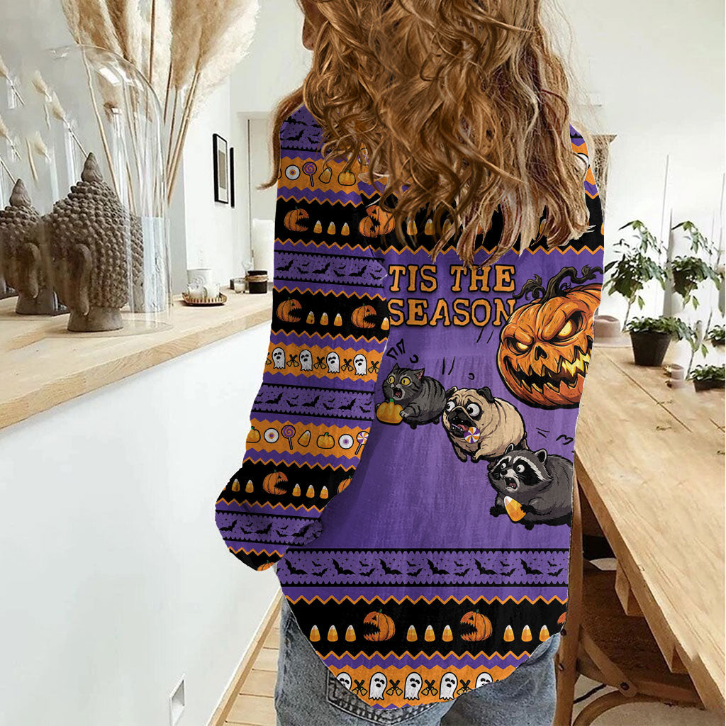 Halloween Animal Funny Women Casual Shirt Short Spine Do Crime Spooky Pumpkin Chase
