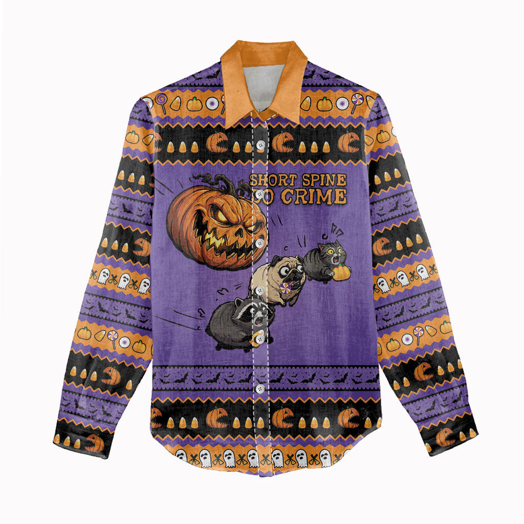 Halloween Animal Funny Women Casual Shirt Short Spine Do Crime Spooky Pumpkin Chase