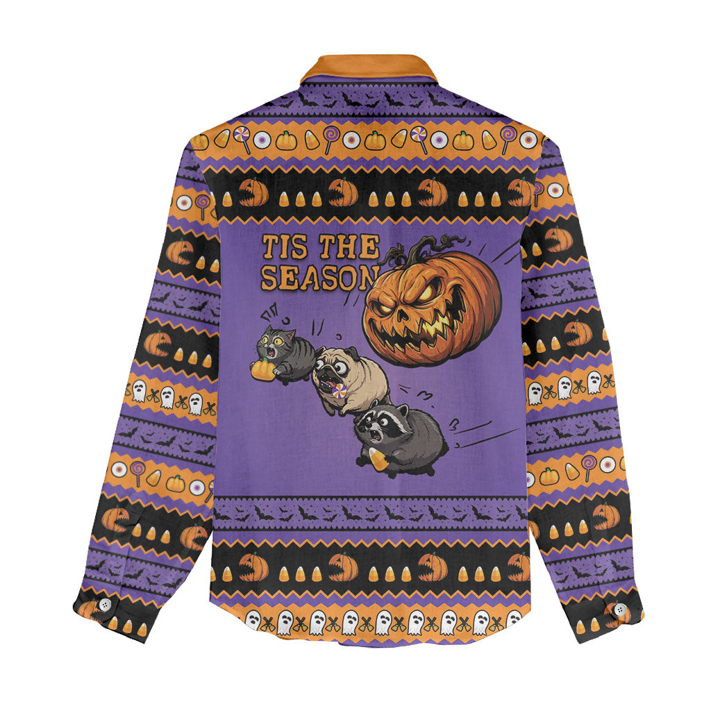 Halloween Animal Funny Women Casual Shirt Short Spine Do Crime Spooky Pumpkin Chase