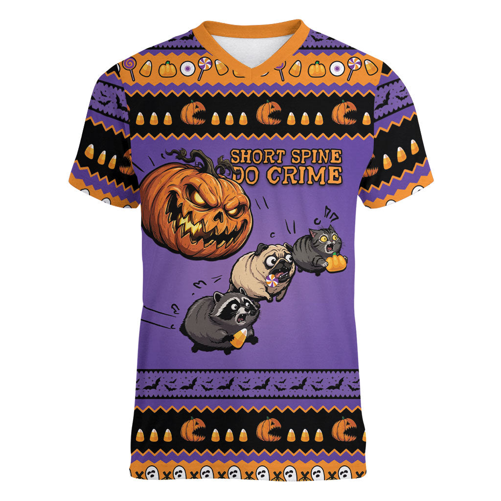 Halloween Animal Funny Women V-Neck T-Shirt Short Spine Do Crime Spooky Pumpkin Chase