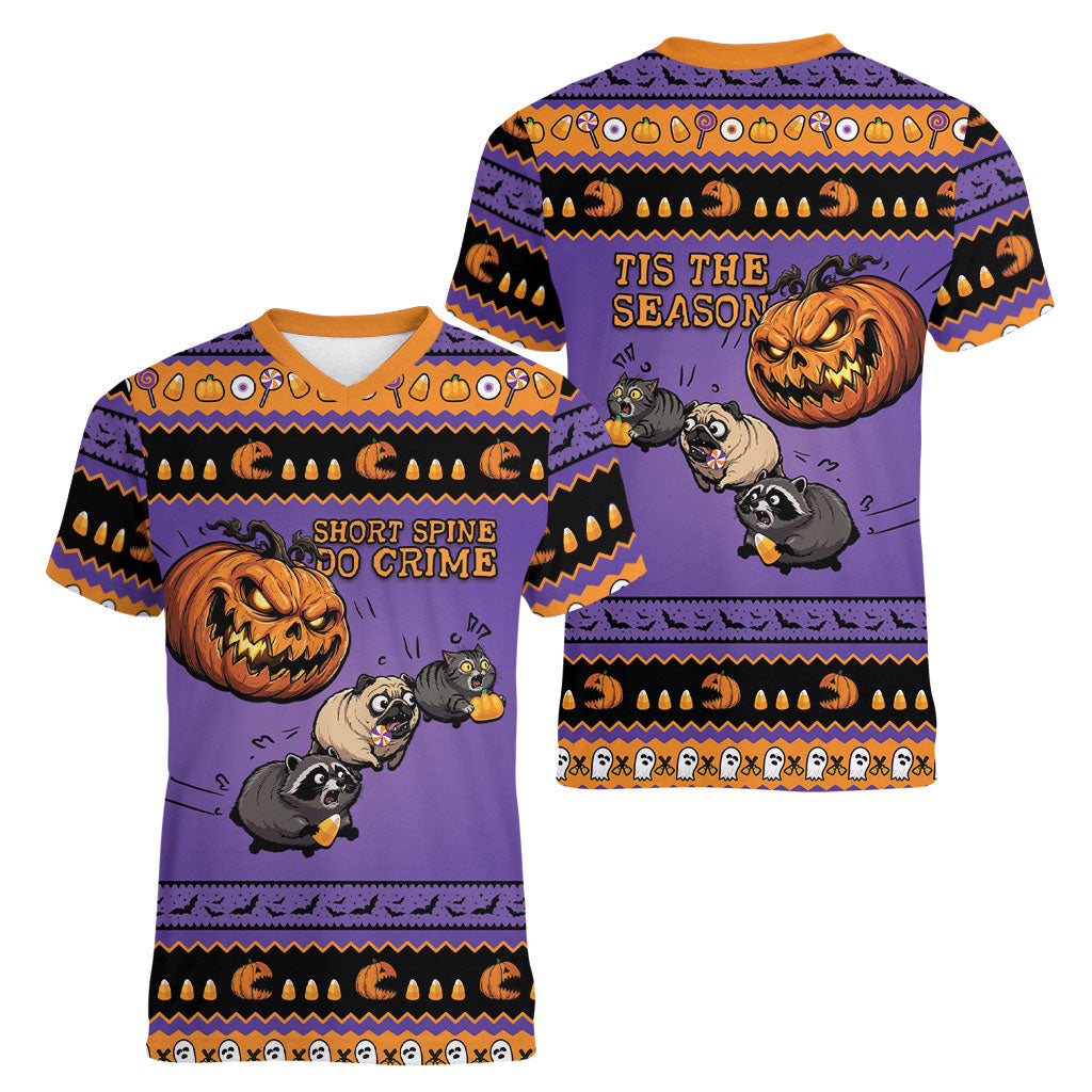 Halloween Animal Funny Women V-Neck T-Shirt Short Spine Do Crime Spooky Pumpkin Chase
