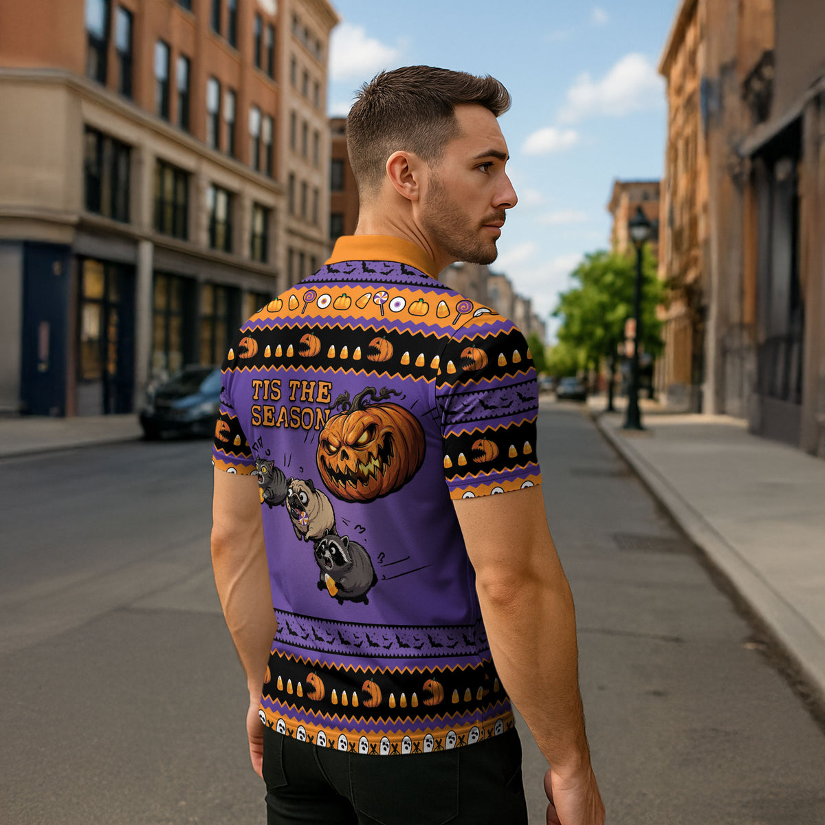 Halloween Animal Funny Zipper Polo Shirt Short Spine Do Crime Spooky Pumpkin Chase
