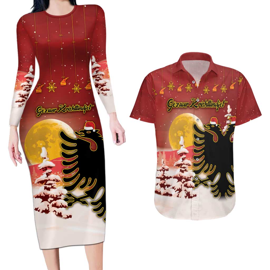Personalized Albania Christmas Couples Matching Long Sleeve Bodycon Dress and Hawaiian Shirt Gezuar Krishtlindjet - Wonder Print Shop