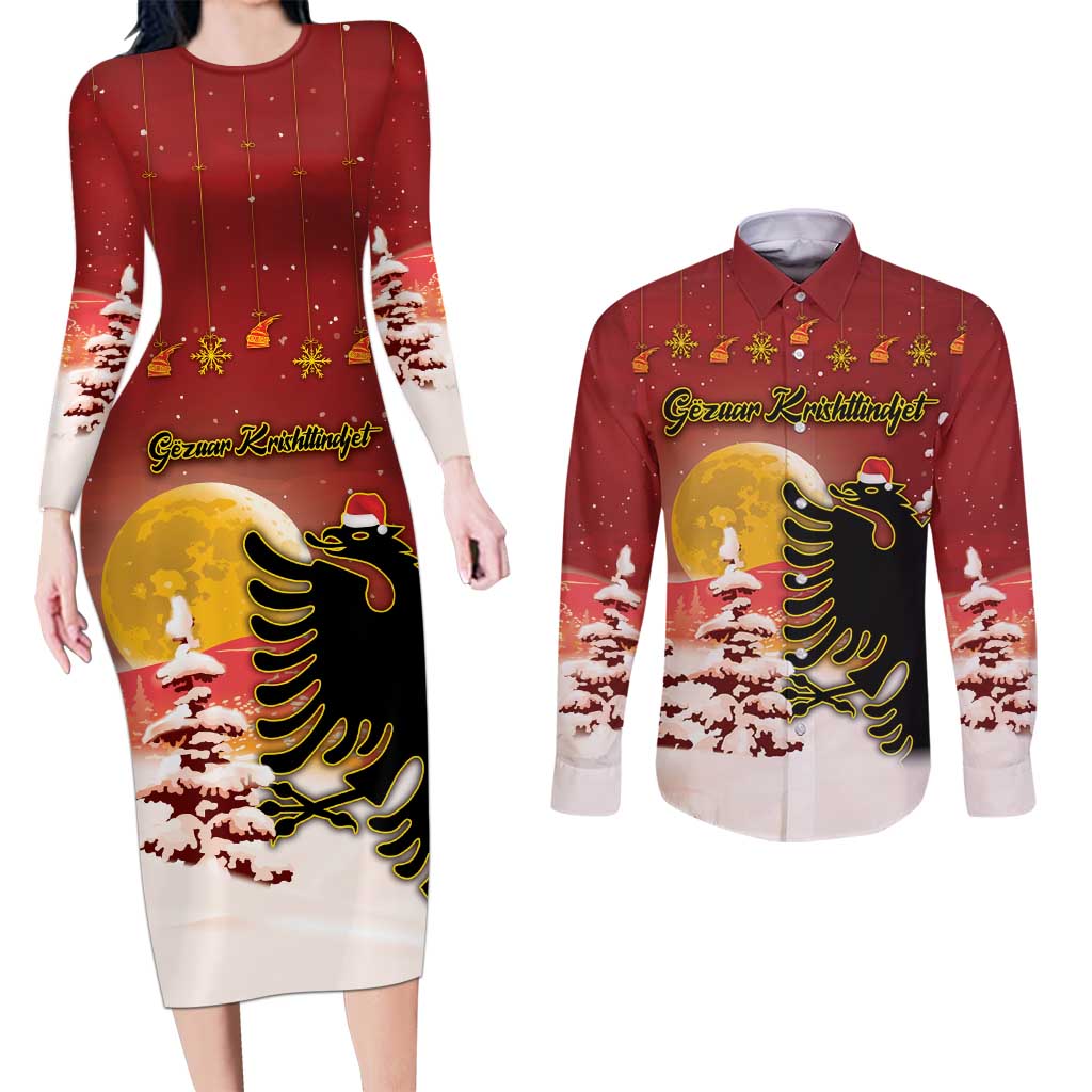 Personalized Albania Christmas Couples Matching Long Sleeve Bodycon Dress and Long Sleeve Button Shirt Gezuar Krishtlindjet - Wonder Print Shop
