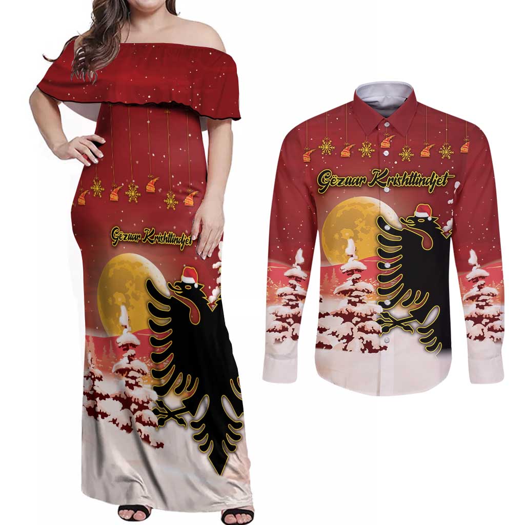 Personalized Albania Christmas Couples Matching Off Shoulder Maxi Dress and Long Sleeve Button Shirt Gezuar Krishtlindjet - Wonder Print Shop