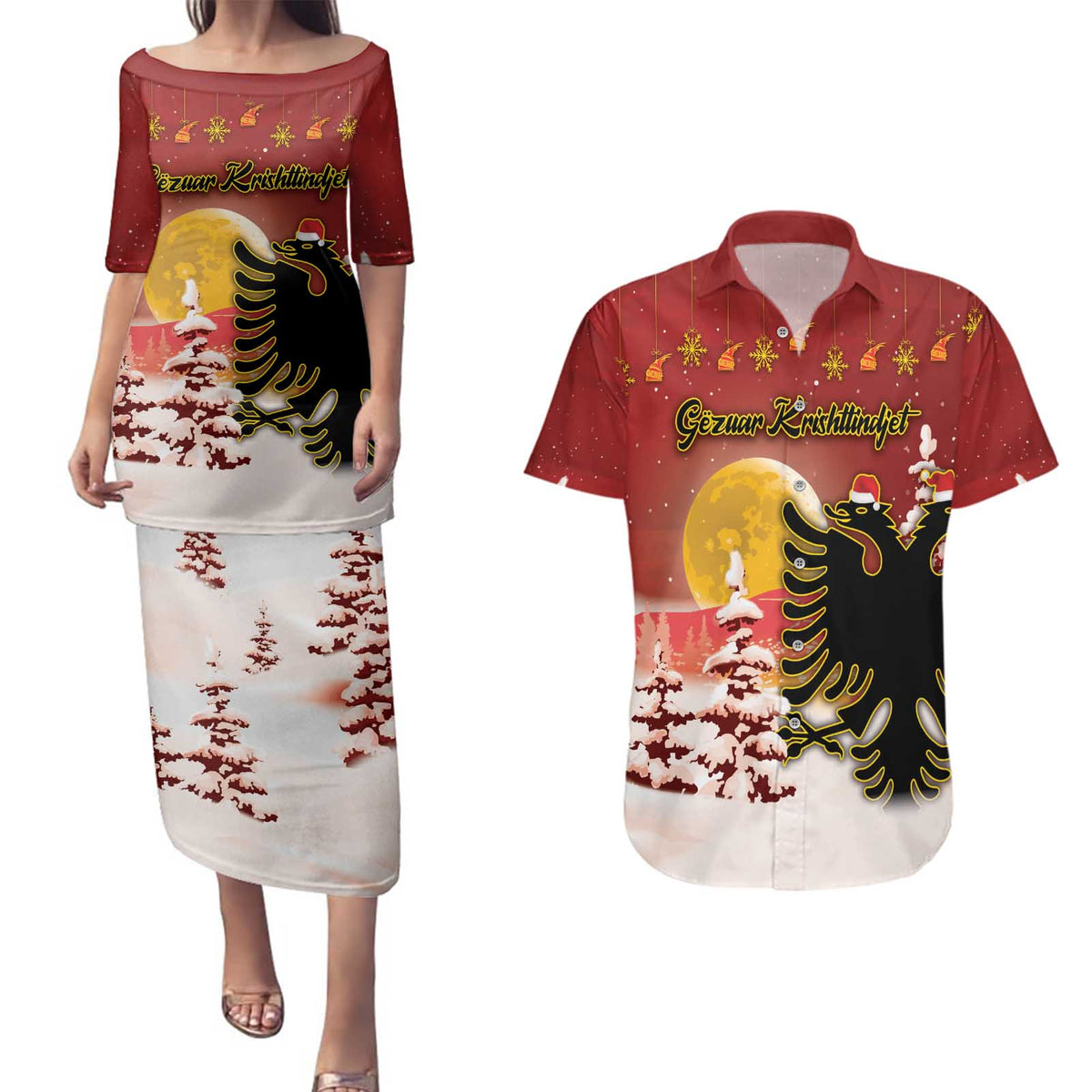 Personalized Albania Christmas Couples Matching Puletasi and Hawaiian Shirt Gezuar Krishtlindjet - Wonder Print Shop
