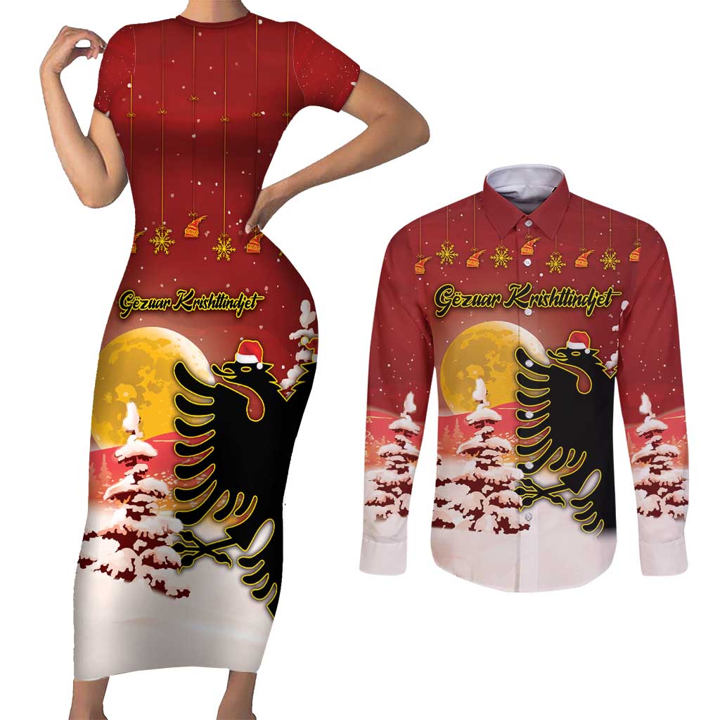Personalized Albania Christmas Couples Matching Short Sleeve Bodycon Dress and Long Sleeve Button Shirt Gezuar Krishtlindjet - Wonder Print Shop