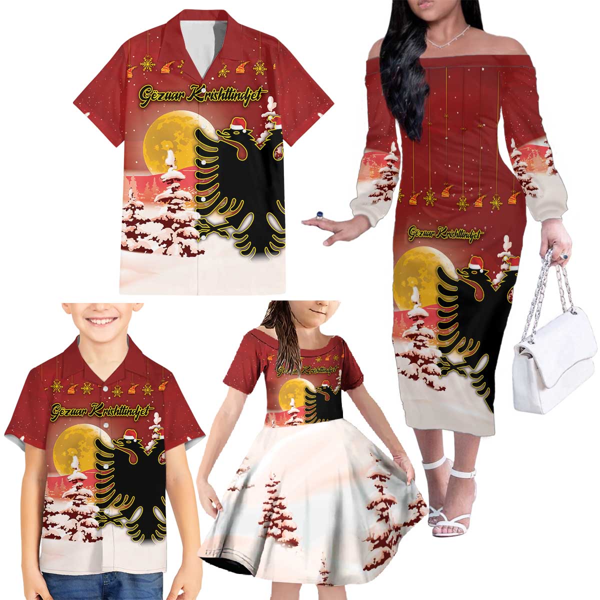 Personalized Albania Christmas Family Matching Off The Shoulder Long Sleeve Dress and Hawaiian Shirt Gezuar Krishtlindjet - Wonder Print Shop