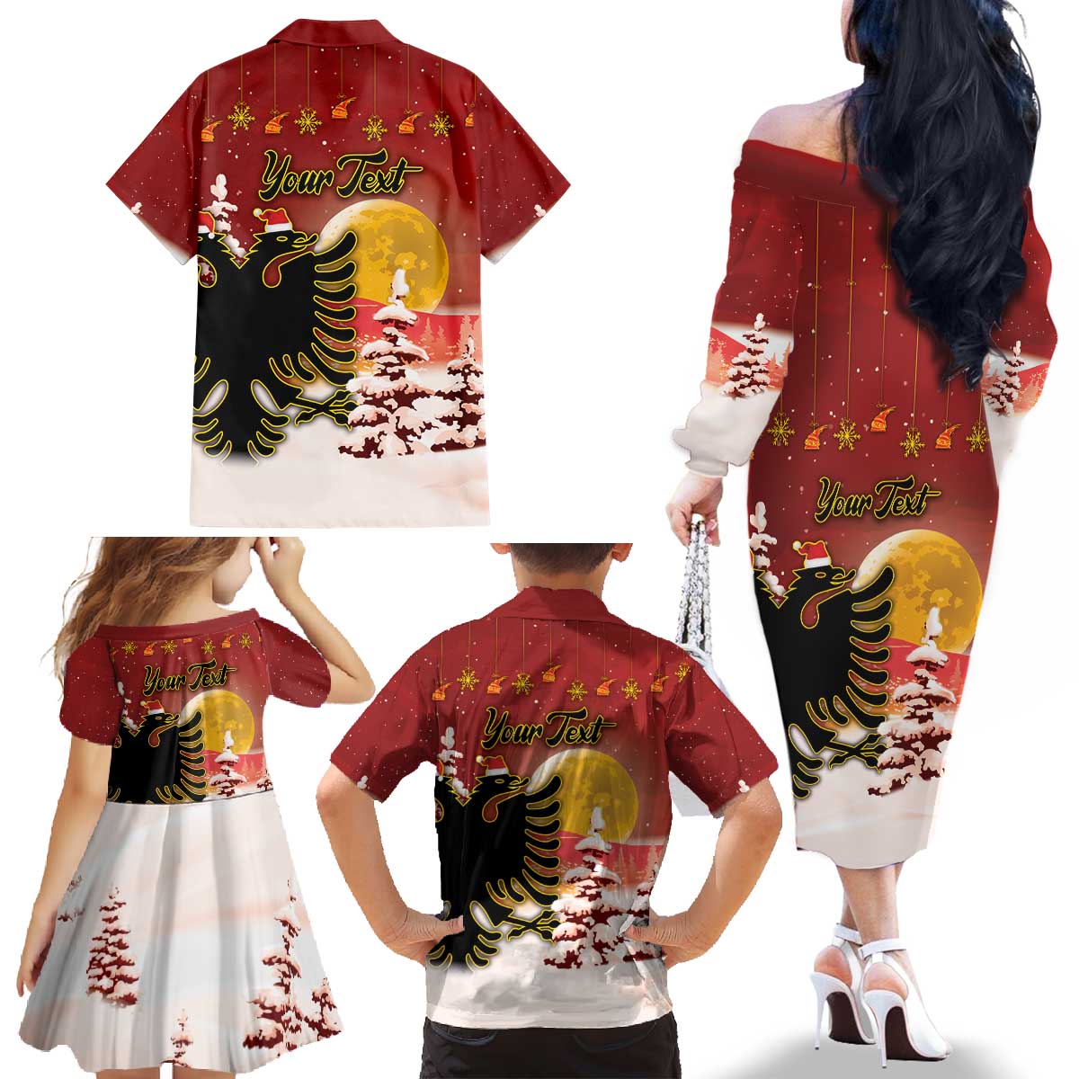 Personalized Albania Christmas Family Matching Off The Shoulder Long Sleeve Dress and Hawaiian Shirt Gezuar Krishtlindjet - Wonder Print Shop