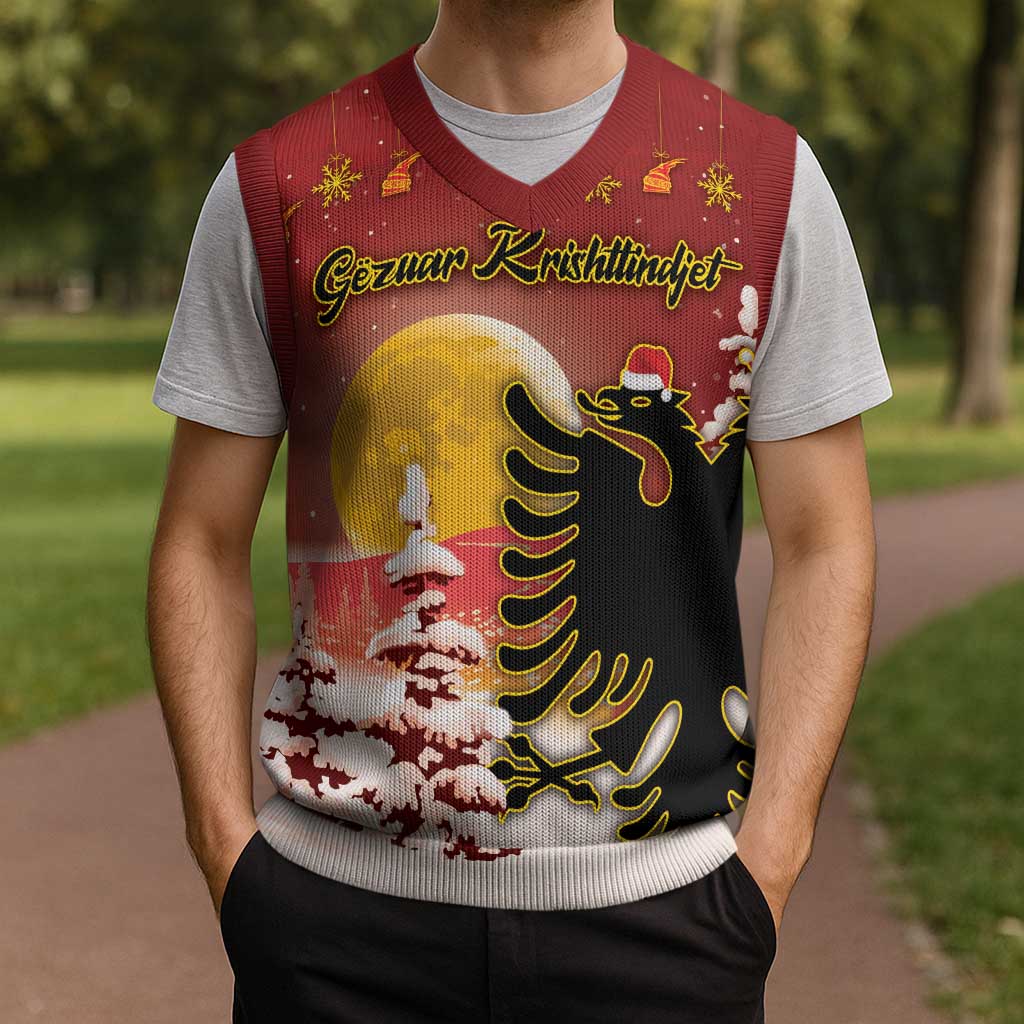 Personalized Albania Christmas Knitted V-Neck Vest Gezuar Krishtlindjet - Wonder Print Shop