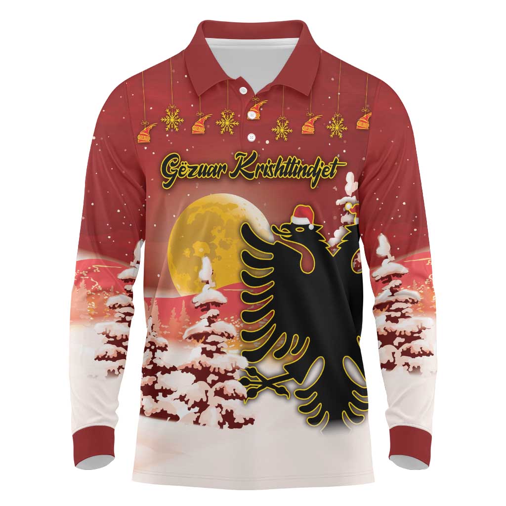 Personalized Albania Christmas Long Sleeve Polo Shirt Gezuar Krishtlindjet - Wonder Print Shop