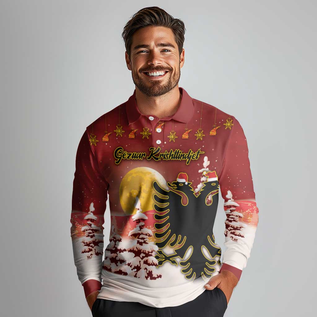 Personalized Albania Christmas Long Sleeve Polo Shirt Gezuar Krishtlindjet - Wonder Print Shop