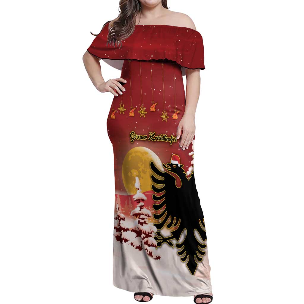 Personalized Albania Christmas Off Shoulder Maxi Dress Gezuar Krishtlindjet - Wonder Print Shop