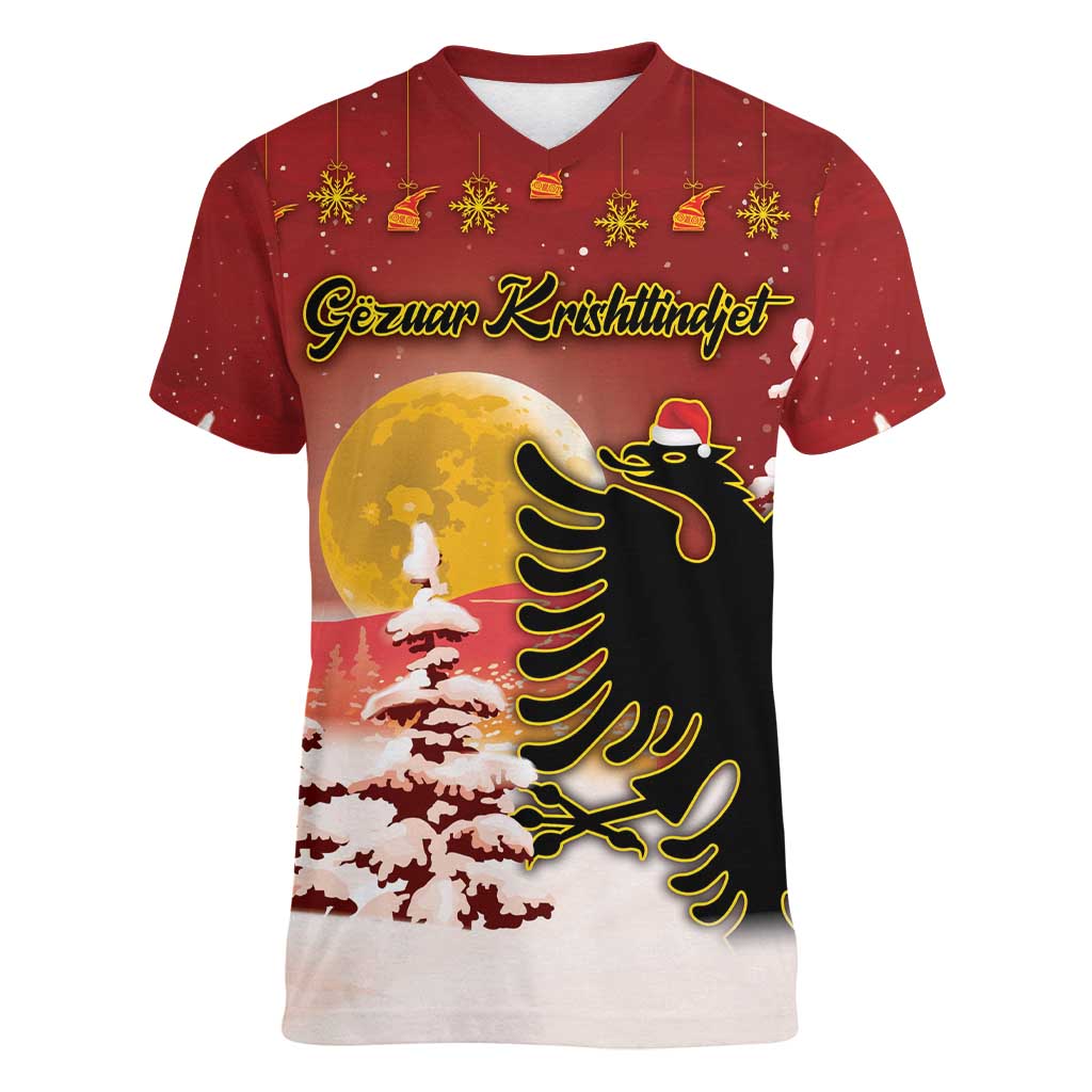 Personalized Albania Christmas Women V-Neck T-Shirt Gezuar Krishtlindjet - Wonder Print Shop