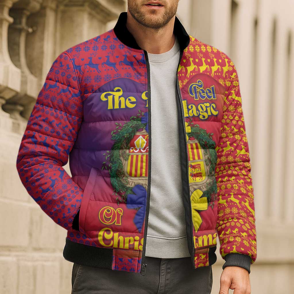 Andorra Christmas Bomber Puffer Jacket Coat Of Arms With Wreath Xmas - Wonder Print Shop
