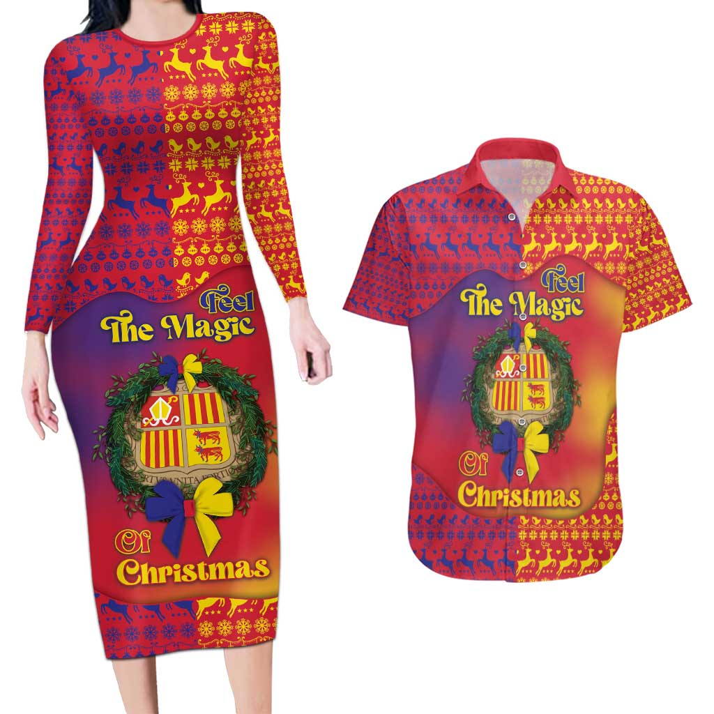 Andorra Christmas Couples Matching Long Sleeve Bodycon Dress and Hawaiian Shirt Coat Of Arms With Wreath Xmas - Wonder Print Shop