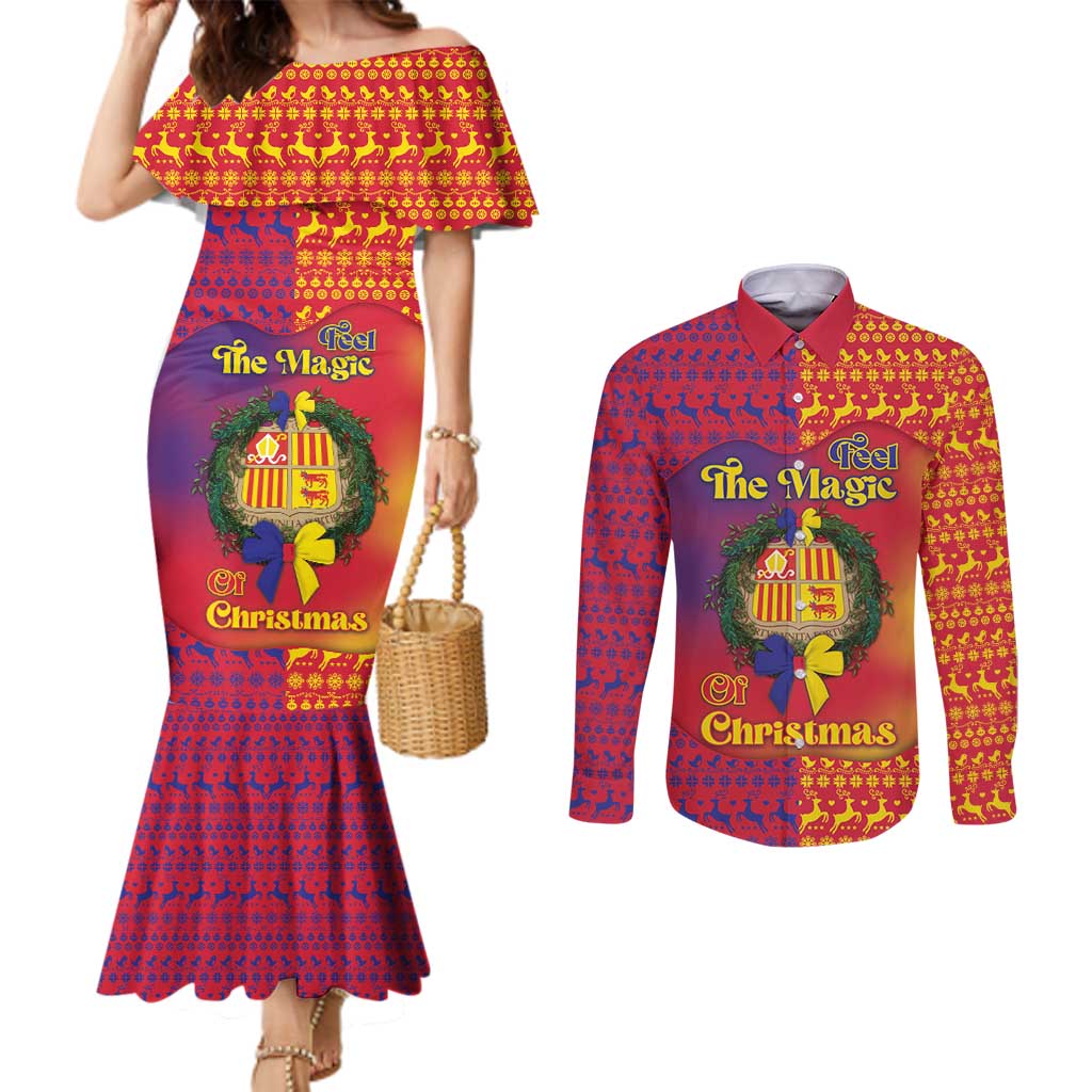 Andorra Christmas Couples Matching Mermaid Dress and Long Sleeve Button Shirt Coat Of Arms With Wreath Xmas - Wonder Print Shop