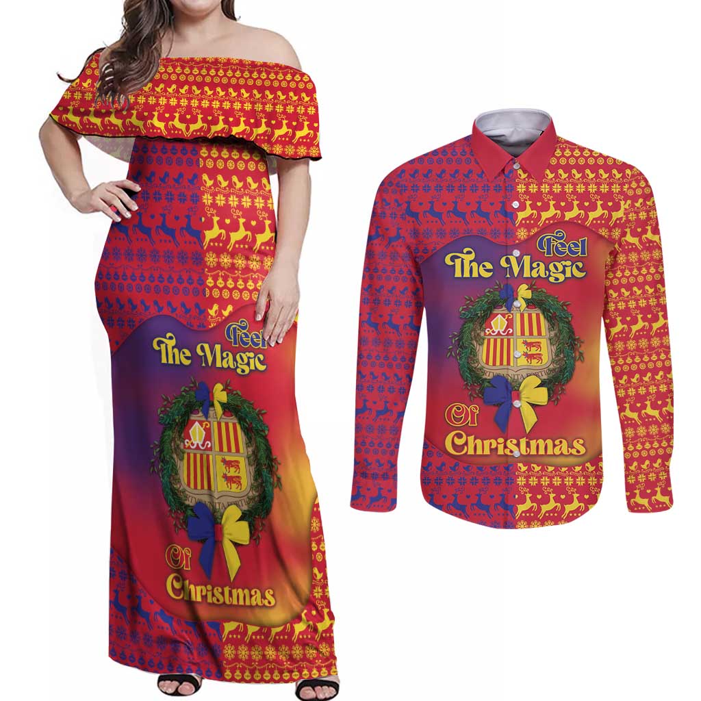 Andorra Christmas Couples Matching Off Shoulder Maxi Dress and Long Sleeve Button Shirt Coat Of Arms With Wreath Xmas - Wonder Print Shop