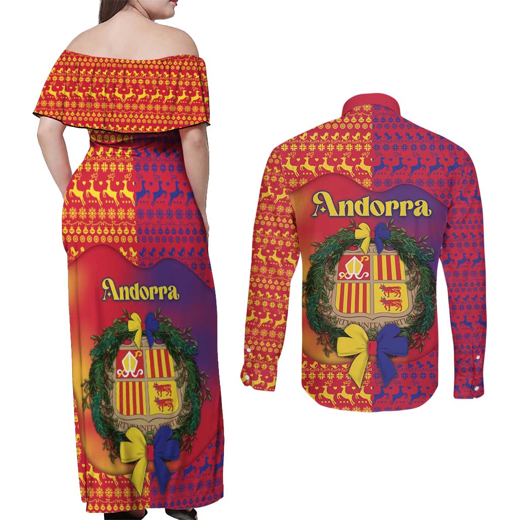 Andorra Christmas Couples Matching Off Shoulder Maxi Dress and Long Sleeve Button Shirt Coat Of Arms With Wreath Xmas - Wonder Print Shop