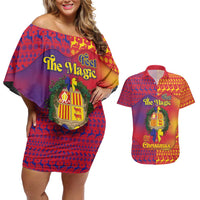 Andorra Christmas Couples Matching Off Shoulder Short Dress and Hawaiian Shirt Coat Of Arms With Wreath Xmas - Wonder Print Shop