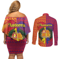 Andorra Christmas Couples Matching Off Shoulder Short Dress and Long Sleeve Button Shirt Coat Of Arms With Wreath Xmas - Wonder Print Shop