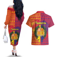 Andorra Christmas Couples Matching Off The Shoulder Long Sleeve Dress and Hawaiian Shirt Coat Of Arms With Wreath Xmas - Wonder Print Shop