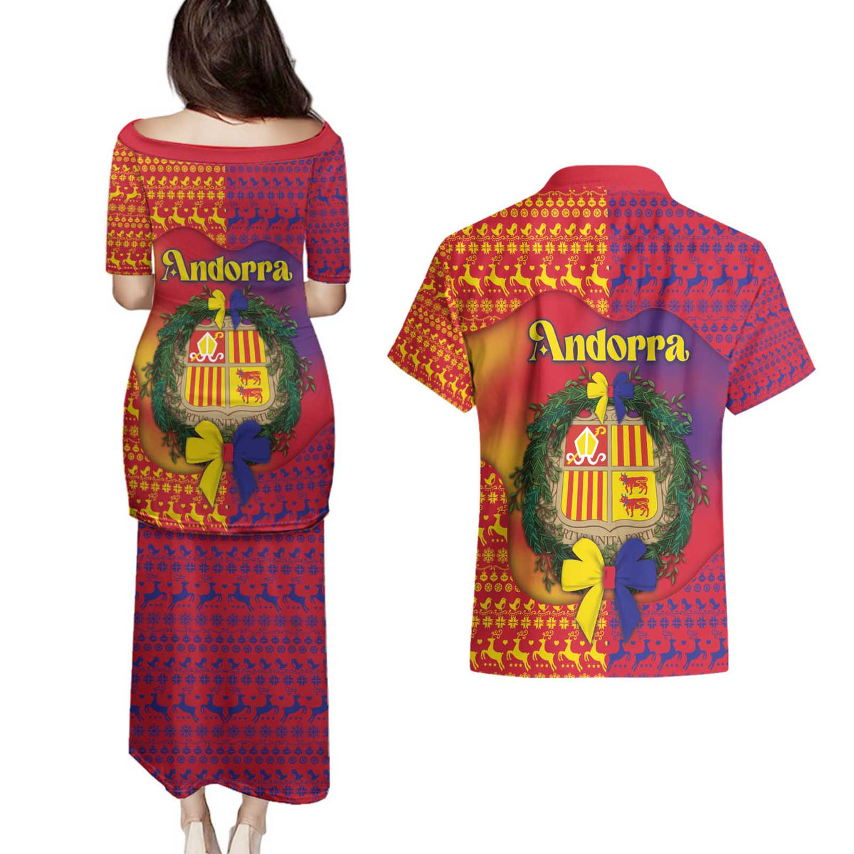 Andorra Christmas Couples Matching Puletasi and Hawaiian Shirt Coat Of Arms With Wreath Xmas - Wonder Print Shop