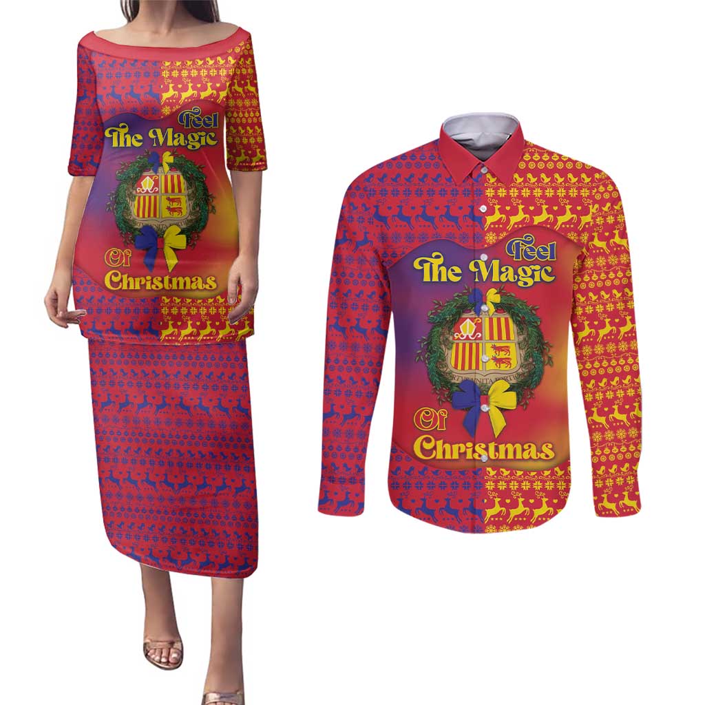 Andorra Christmas Couples Matching Puletasi and Long Sleeve Button Shirt Coat Of Arms With Wreath Xmas - Wonder Print Shop