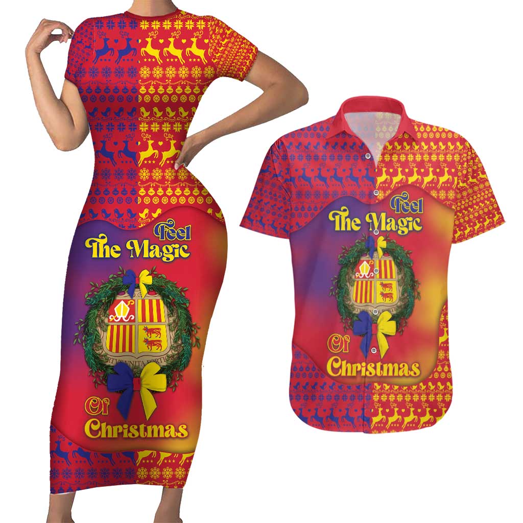 Andorra Christmas Couples Matching Short Sleeve Bodycon Dress and Hawaiian Shirt Coat Of Arms With Wreath Xmas - Wonder Print Shop
