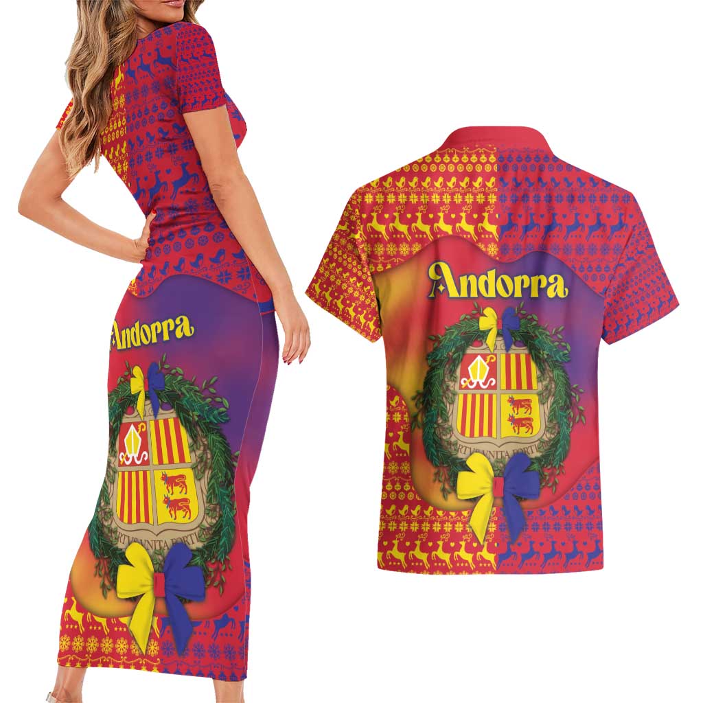 Andorra Christmas Couples Matching Short Sleeve Bodycon Dress and Hawaiian Shirt Coat Of Arms With Wreath Xmas - Wonder Print Shop