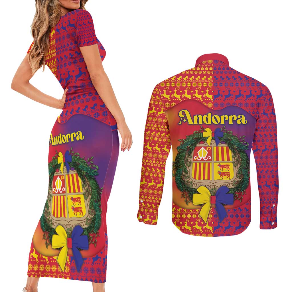 Andorra Christmas Couples Matching Short Sleeve Bodycon Dress and Long Sleeve Button Shirt Coat Of Arms With Wreath Xmas - Wonder Print Shop