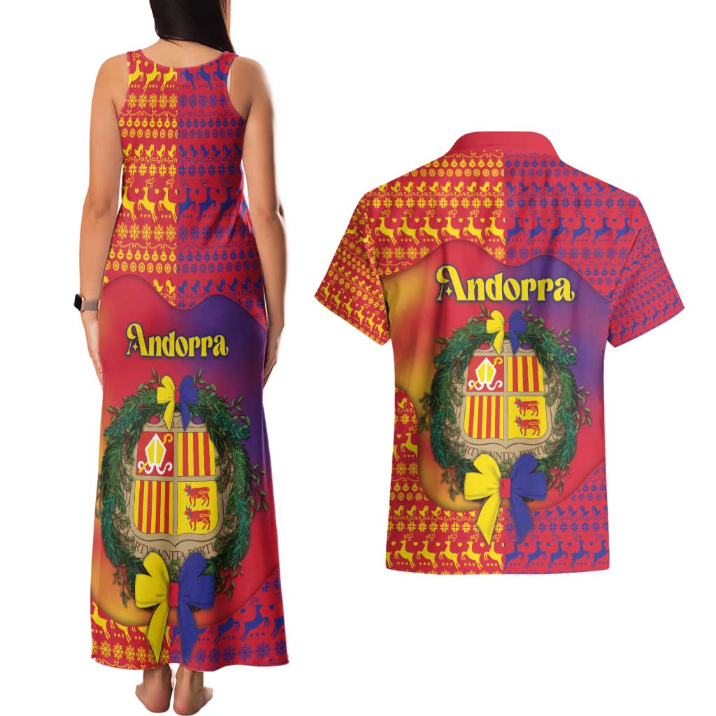 Andorra Christmas Couples Matching Tank Maxi Dress and Hawaiian Shirt Coat Of Arms With Wreath Xmas - Wonder Print Shop