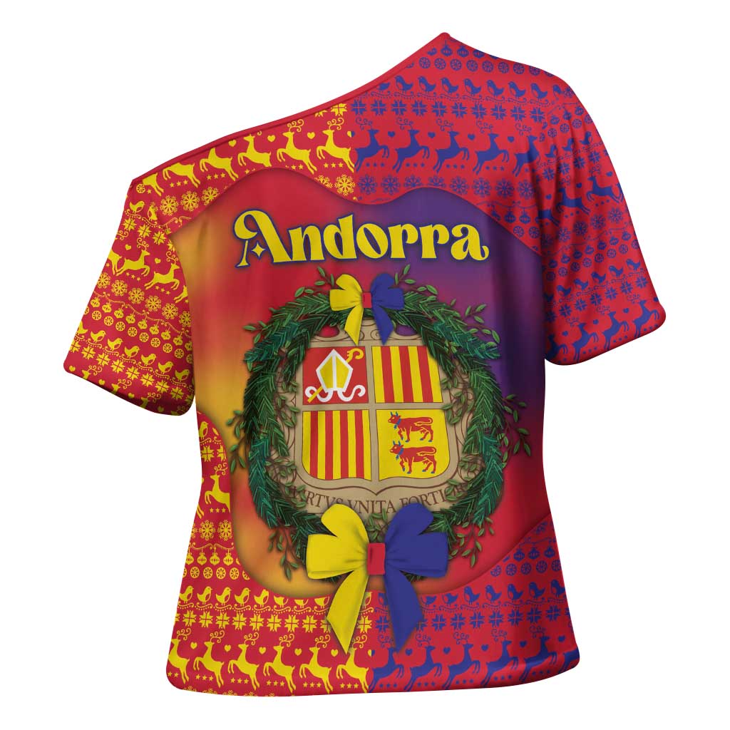 Andorra Christmas Cross Shoulder Shirt Coat Of Arms With Wreath Xmas - Wonder Print Shop