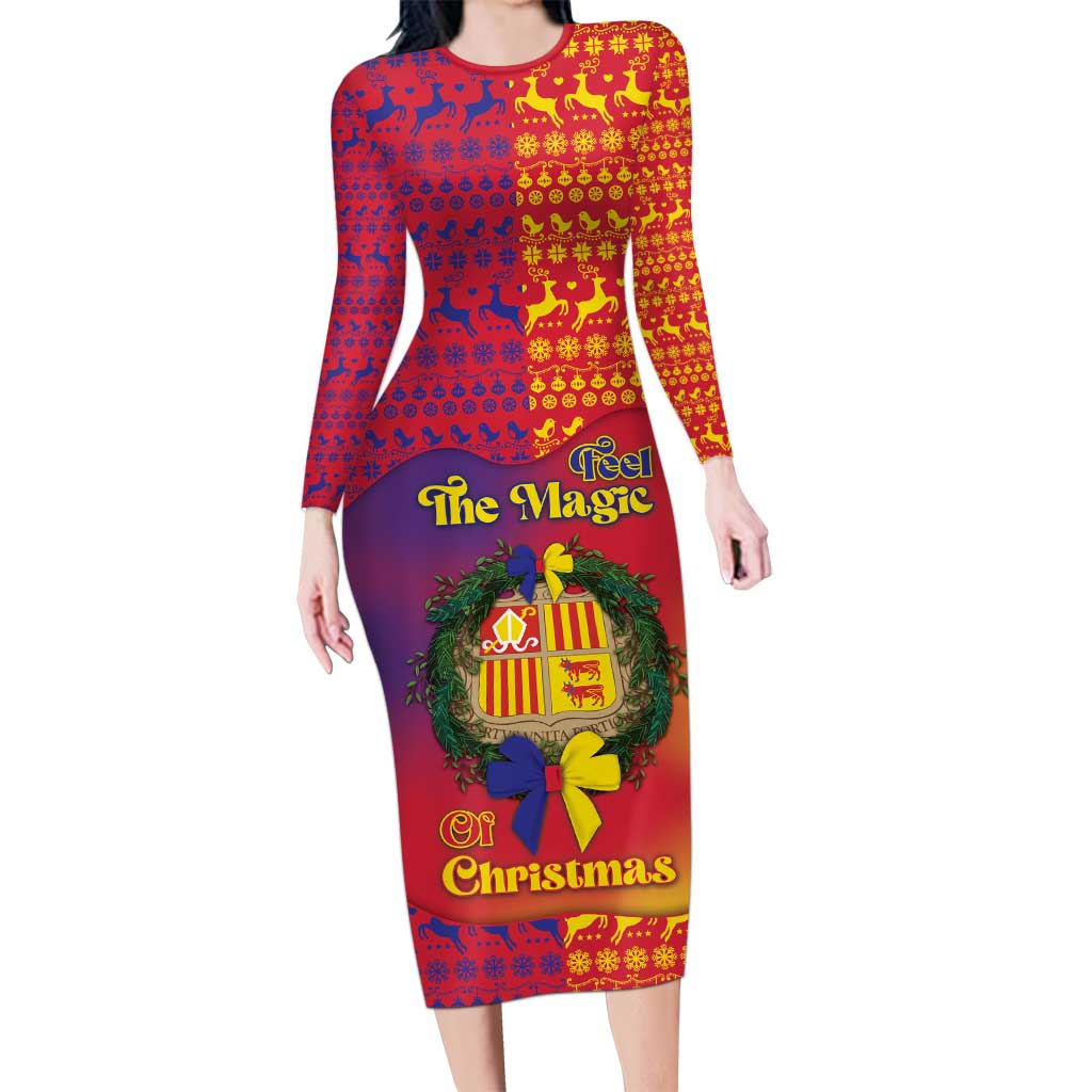 Andorra Christmas Family Matching Long Sleeve Bodycon Dress and Hawaiian Shirt Coat Of Arms With Wreath Xmas - Wonder Print Shop