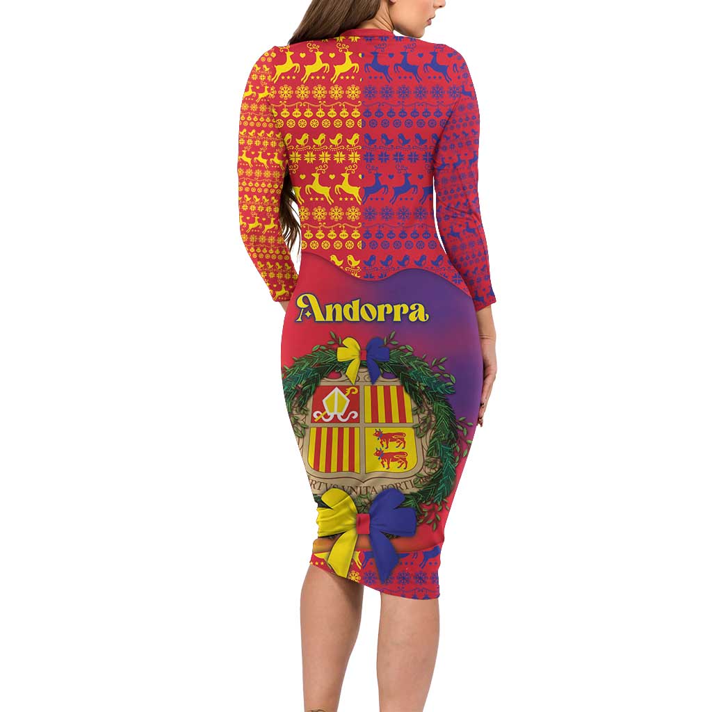 Andorra Christmas Family Matching Long Sleeve Bodycon Dress and Hawaiian Shirt Coat Of Arms With Wreath Xmas - Wonder Print Shop