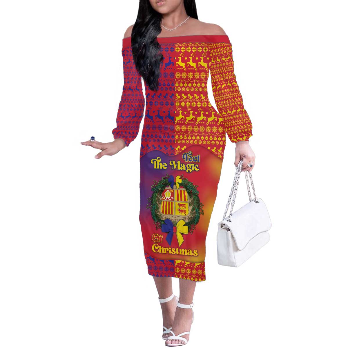 Andorra Christmas Family Matching Off The Shoulder Long Sleeve Dress and Hawaiian Shirt Coat Of Arms With Wreath Xmas - Wonder Print Shop